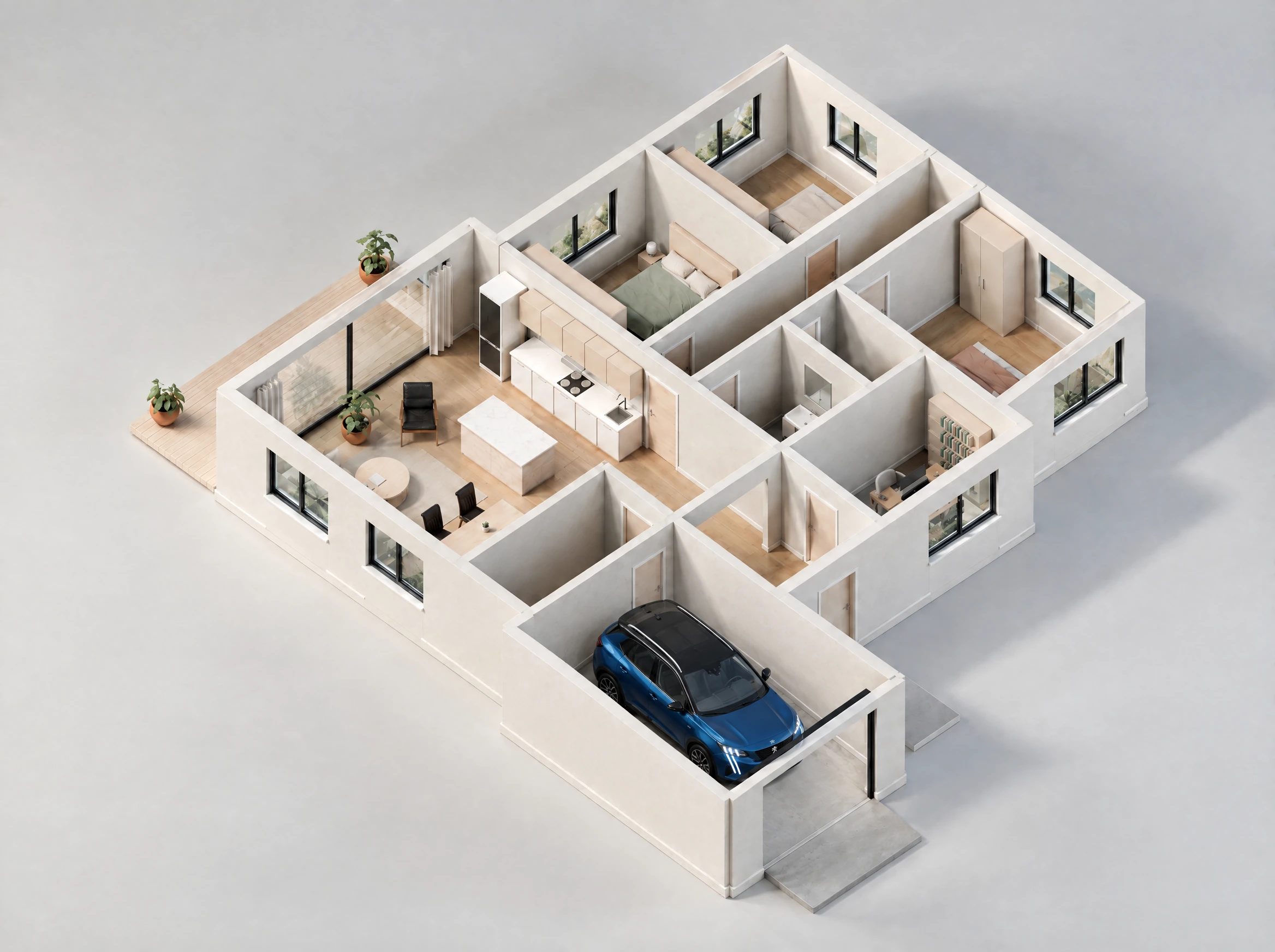 Vue d’ensemble de la même maison C1 en 3D, avec ses chambres, son bureau et son garage.