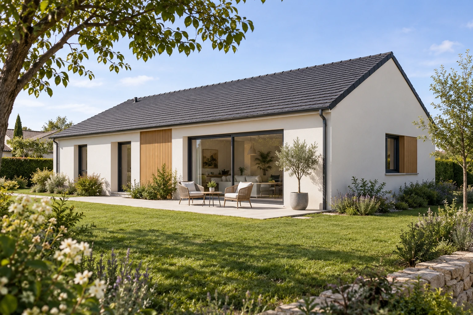 Une maison familiale de plain-pied, ouverte sur une terrasse et un jardin