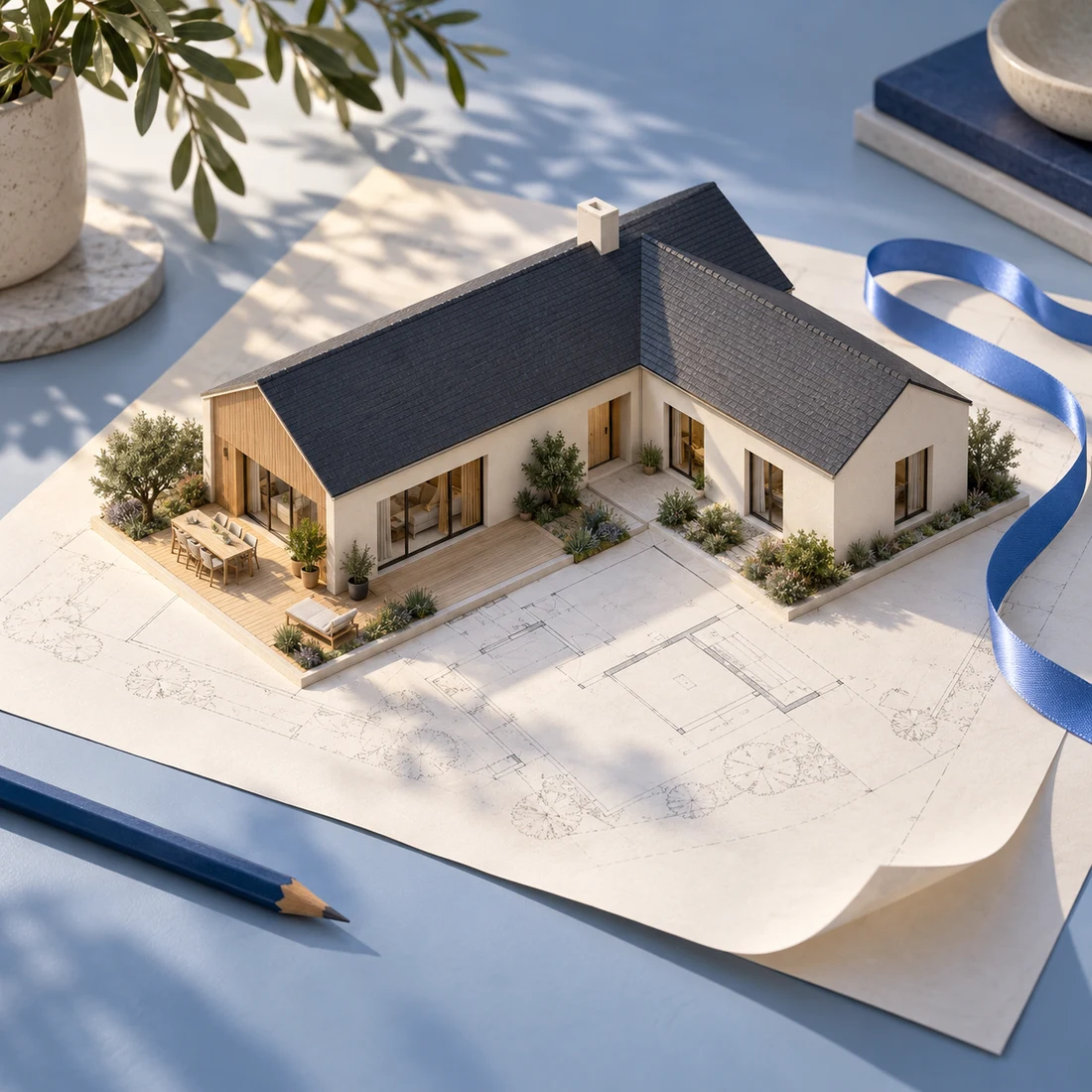 Une maquette de maison contemporaine posée sur un plan, avec un crayon et un ruban bleu sur le bureau.