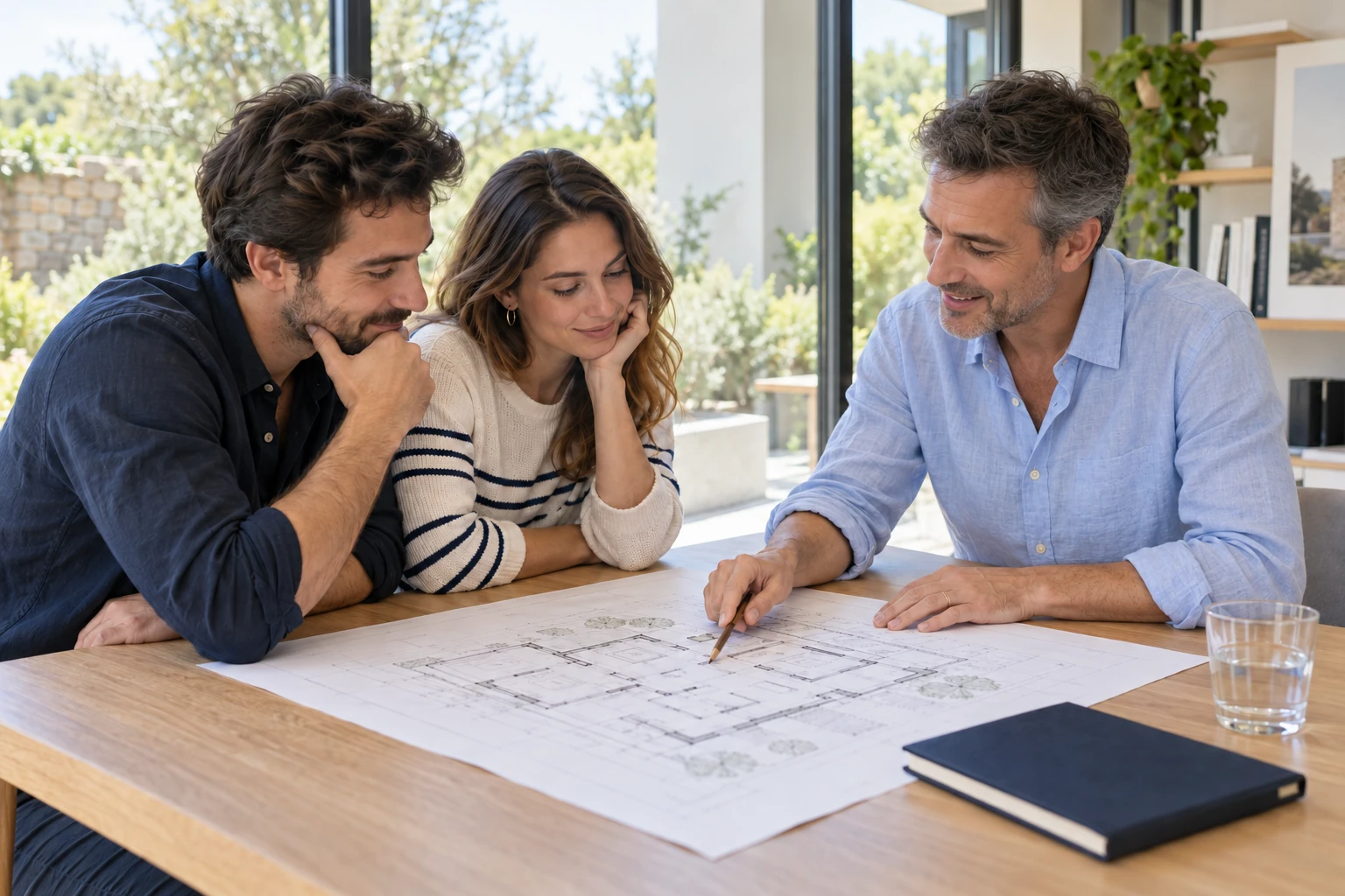Un professionnel échange avec un couple autour du plan de leur maison